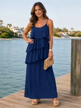 Navy Blue Tiered Ruffle Maxi Dress Wedding Guest Holiday Special Occasion